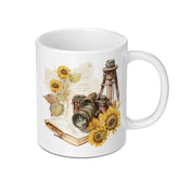 Vintage Camera Mug, Sunflower Coffee Cup, Photographer Gift, Rustic Photo Gear Tea Mug, Nature Lover Drinkware, Unique Gift for Camera Fan - Tawshia